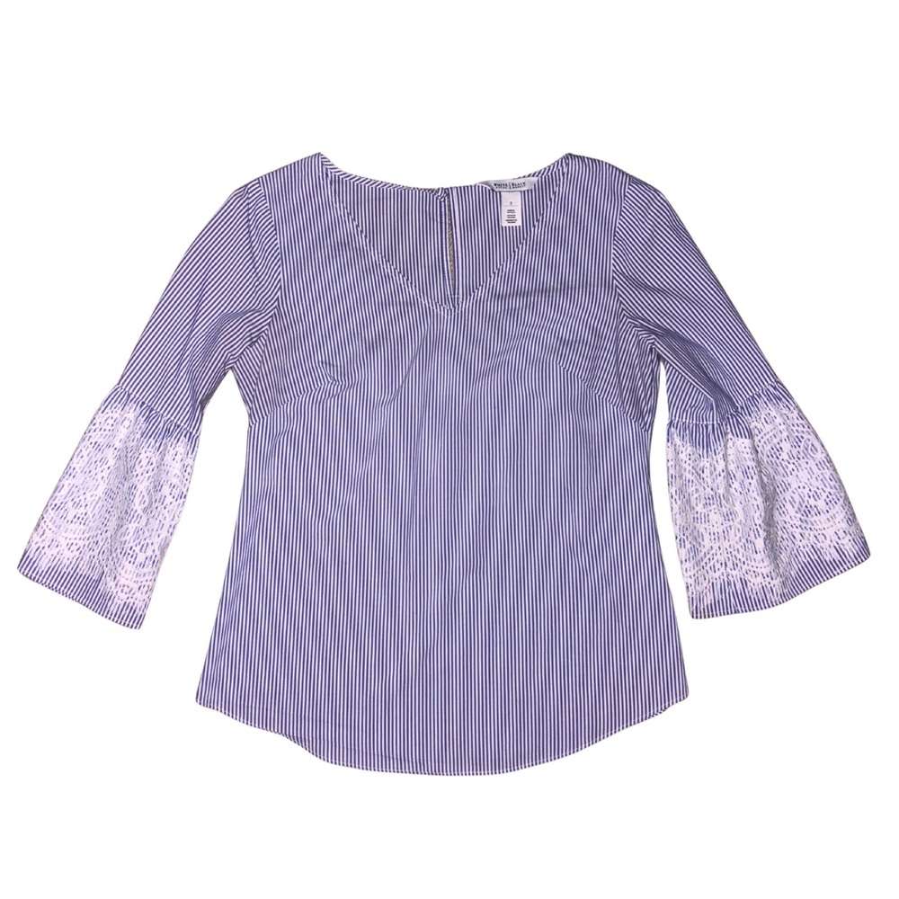 White House Black Market Blue and White Striped Blouse with Lace Bell Sleeves